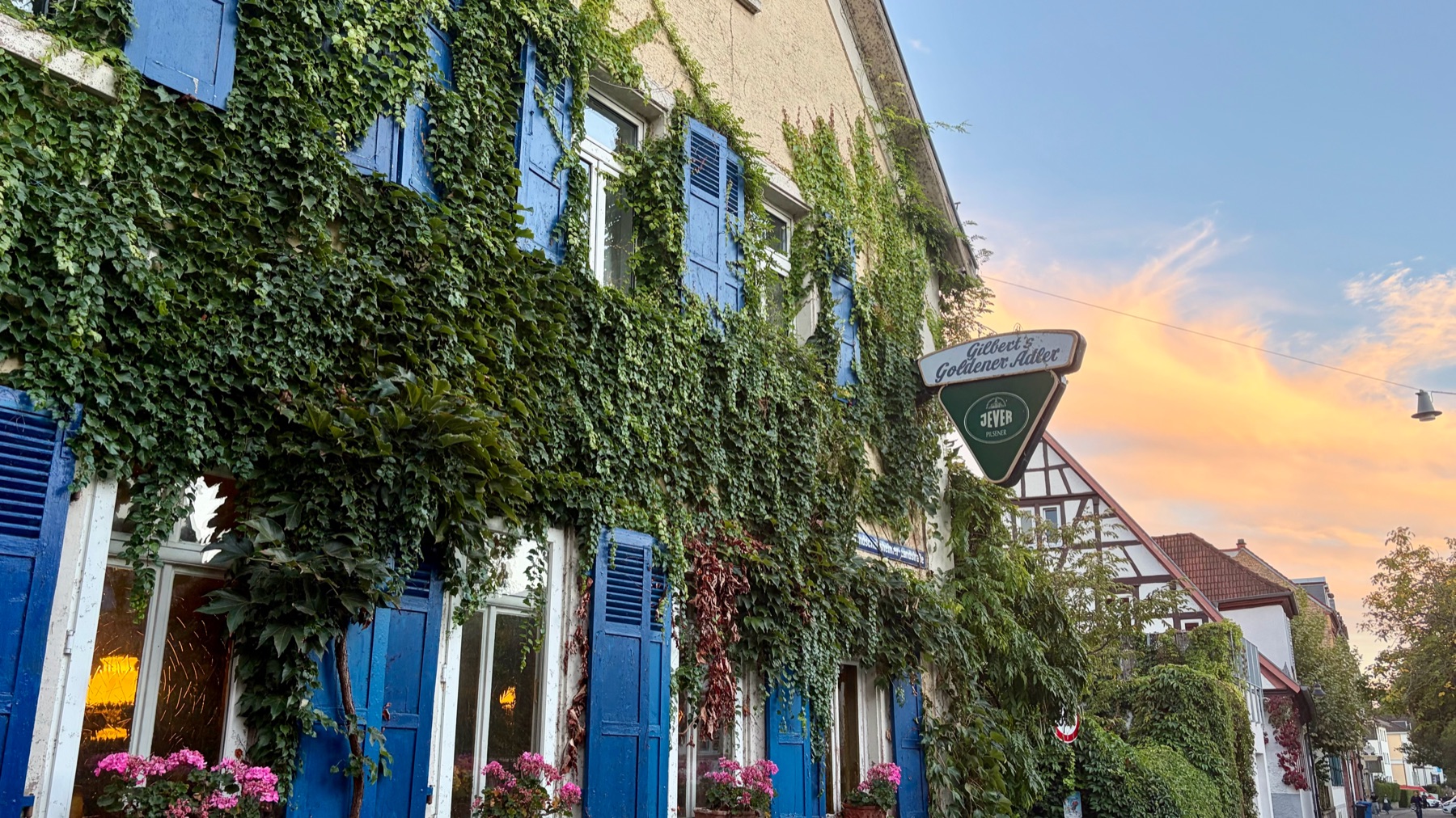 Gilberts Goldener Adler: die begrünte Fassade mit blauen Fensterläden und Wirtshausschild im Abendlicht