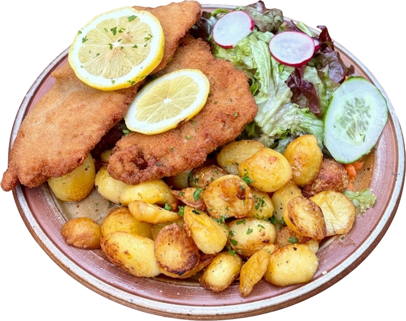 Schnitzel mit Bratkartoffeln und Salat auf einem Teller